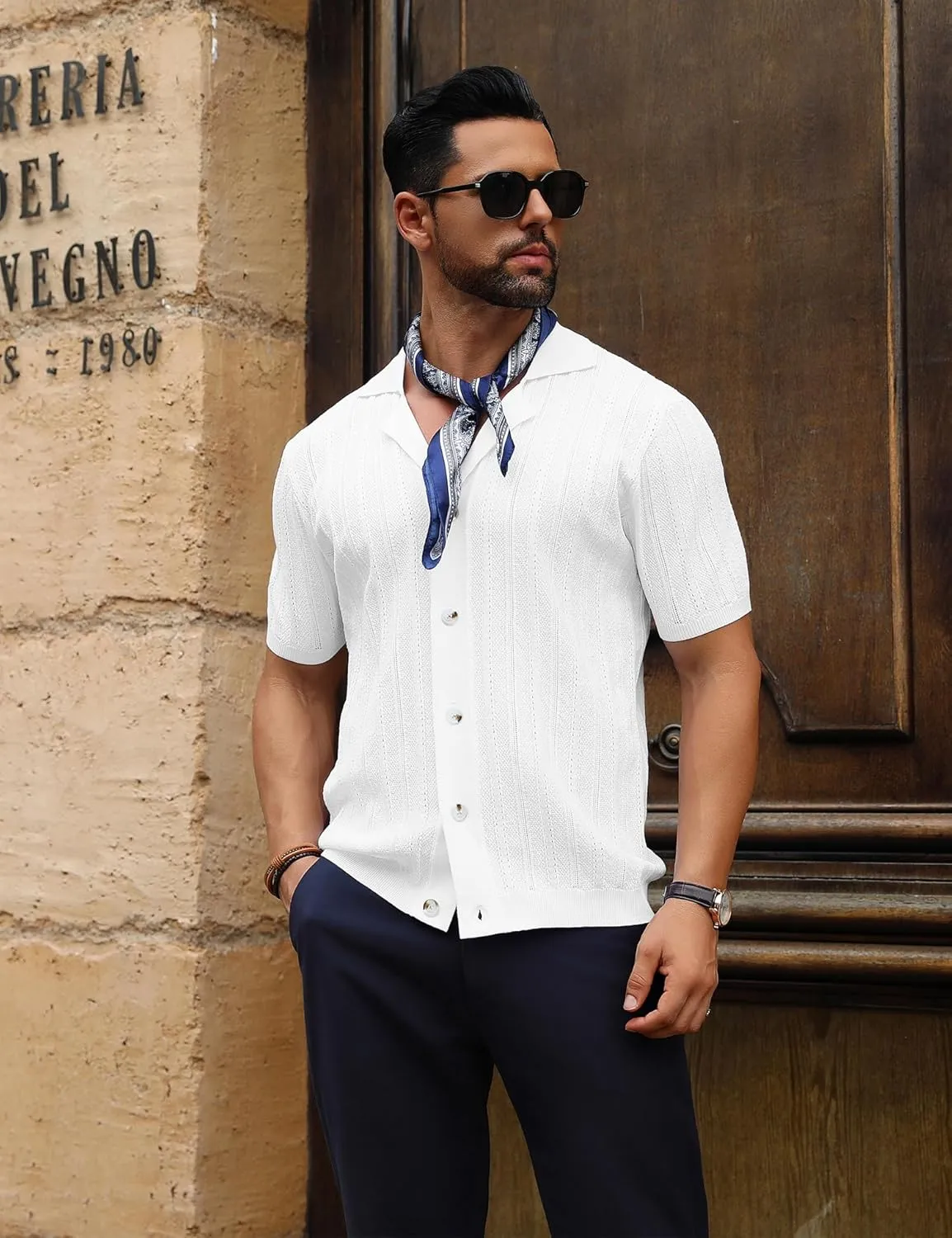 URRU Men's Knit Button Down Shirt Short Sleeve Vintage Polo Shirts Casual Summer Beach Tops