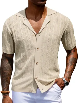 URRU Men's Knit Button Down Shirt Short Sleeve Vintage Polo Shirts Casual Summer Beach Tops