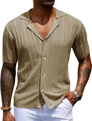 URRU Men's Knit Button Down Shirt Short Sleeve Vintage Polo Shirts Casual Summer Beach Tops