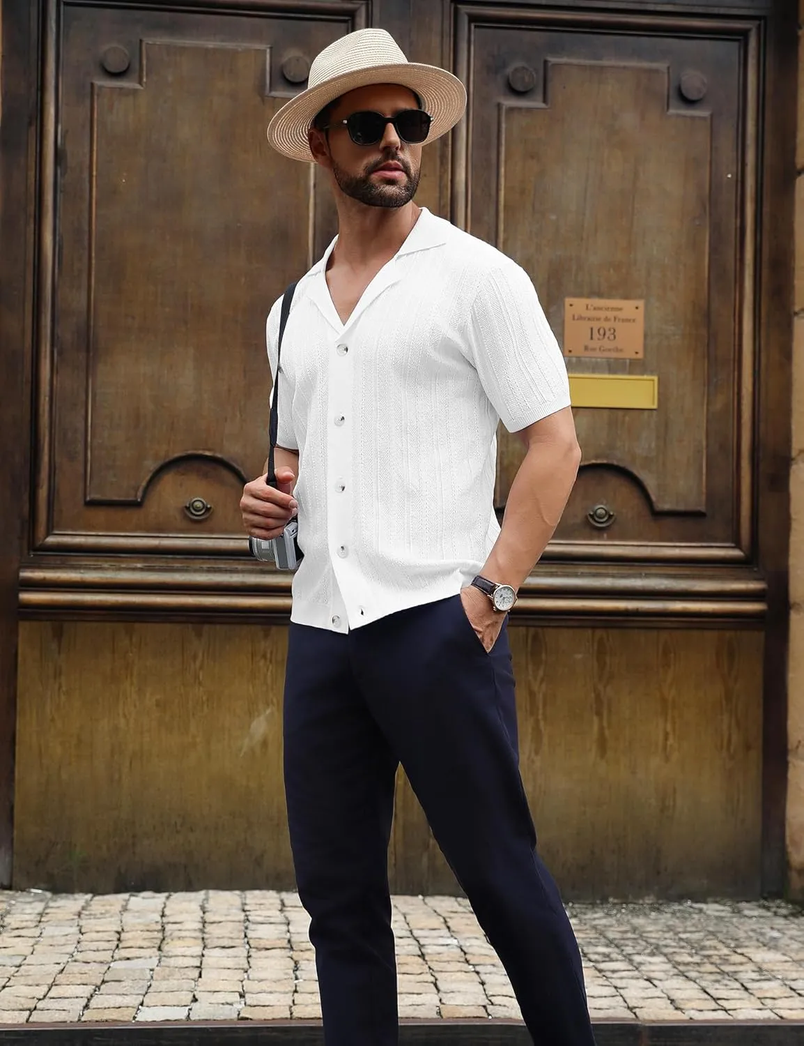 URRU Men's Knit Button Down Shirt Short Sleeve Vintage Polo Shirts Casual Summer Beach Tops