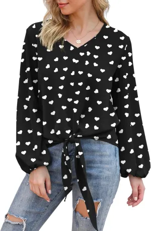 VIISHOW Womens Tie Front Knot Lartern Sleeve Loose Fit V Neck Floral Blouses Chiffon Tops Shirts