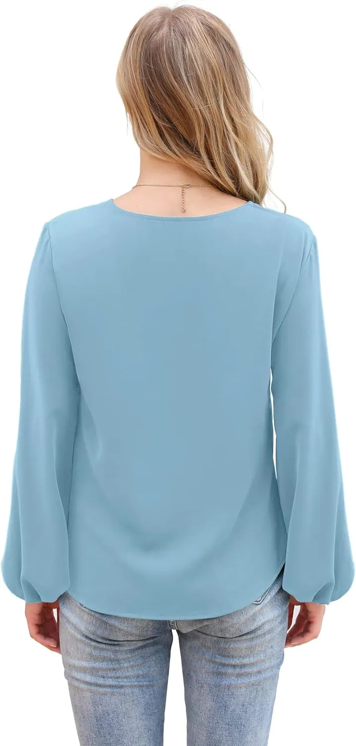 VIISHOW Womens Tie Front Knot Lartern Sleeve Loose Fit V Neck Floral Blouses Chiffon Tops Shirts