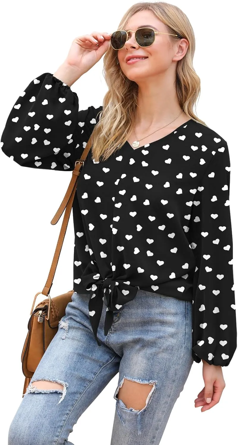 VIISHOW Womens Tie Front Knot Lartern Sleeve Loose Fit V Neck Floral Blouses Chiffon Tops Shirts