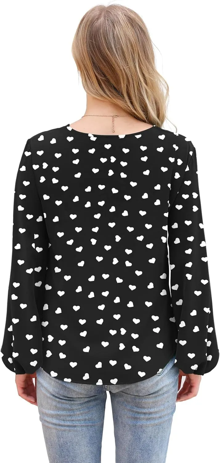 VIISHOW Womens Tie Front Knot Lartern Sleeve Loose Fit V Neck Floral Blouses Chiffon Tops Shirts