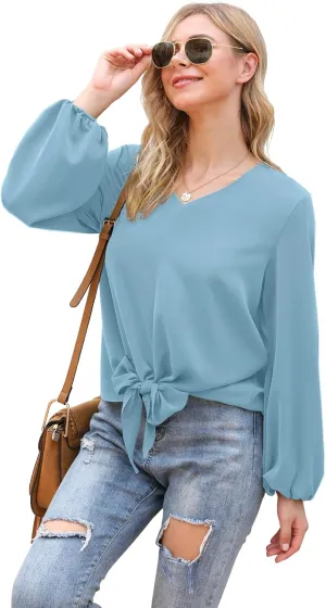 VIISHOW Womens Tie Front Knot Lartern Sleeve Loose Fit V Neck Floral Blouses Chiffon Tops Shirts