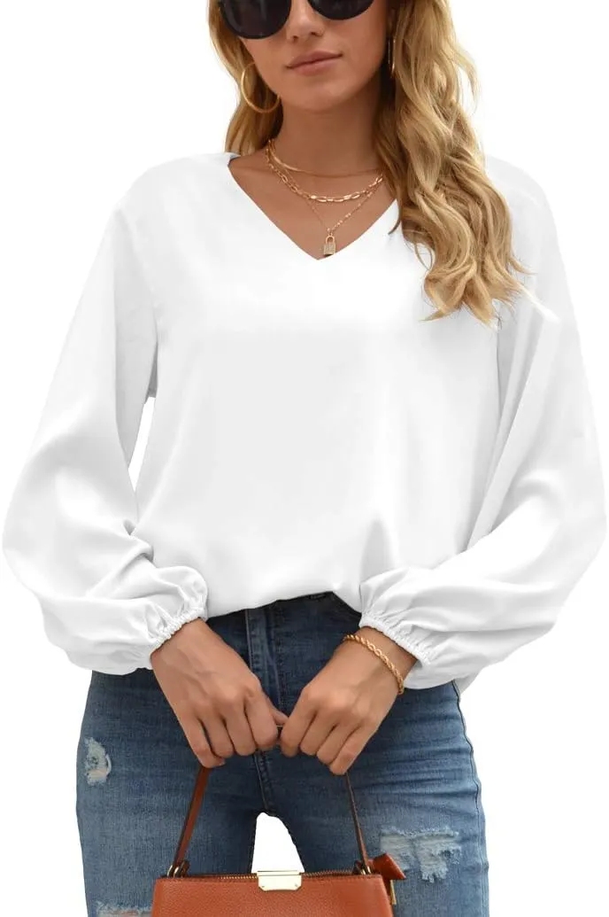 WANGZHI Women's Casual Sweet & Cute Loose Shirt Balloon Sleeve V-Neck Blouse Top