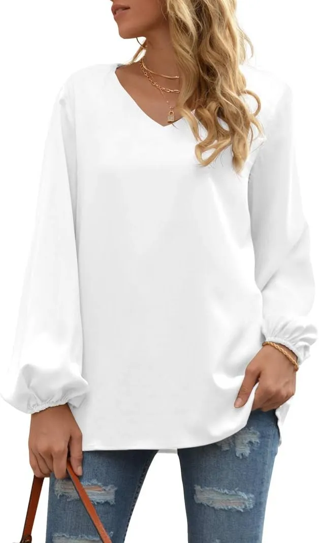 WANGZHI Women's Casual Sweet & Cute Loose Shirt Balloon Sleeve V-Neck Blouse Top