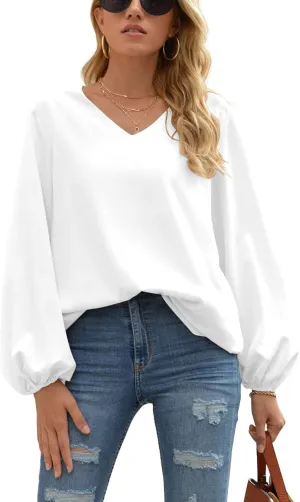 WANGZHI Women's Casual Sweet & Cute Loose Shirt Balloon Sleeve V-Neck Blouse Top