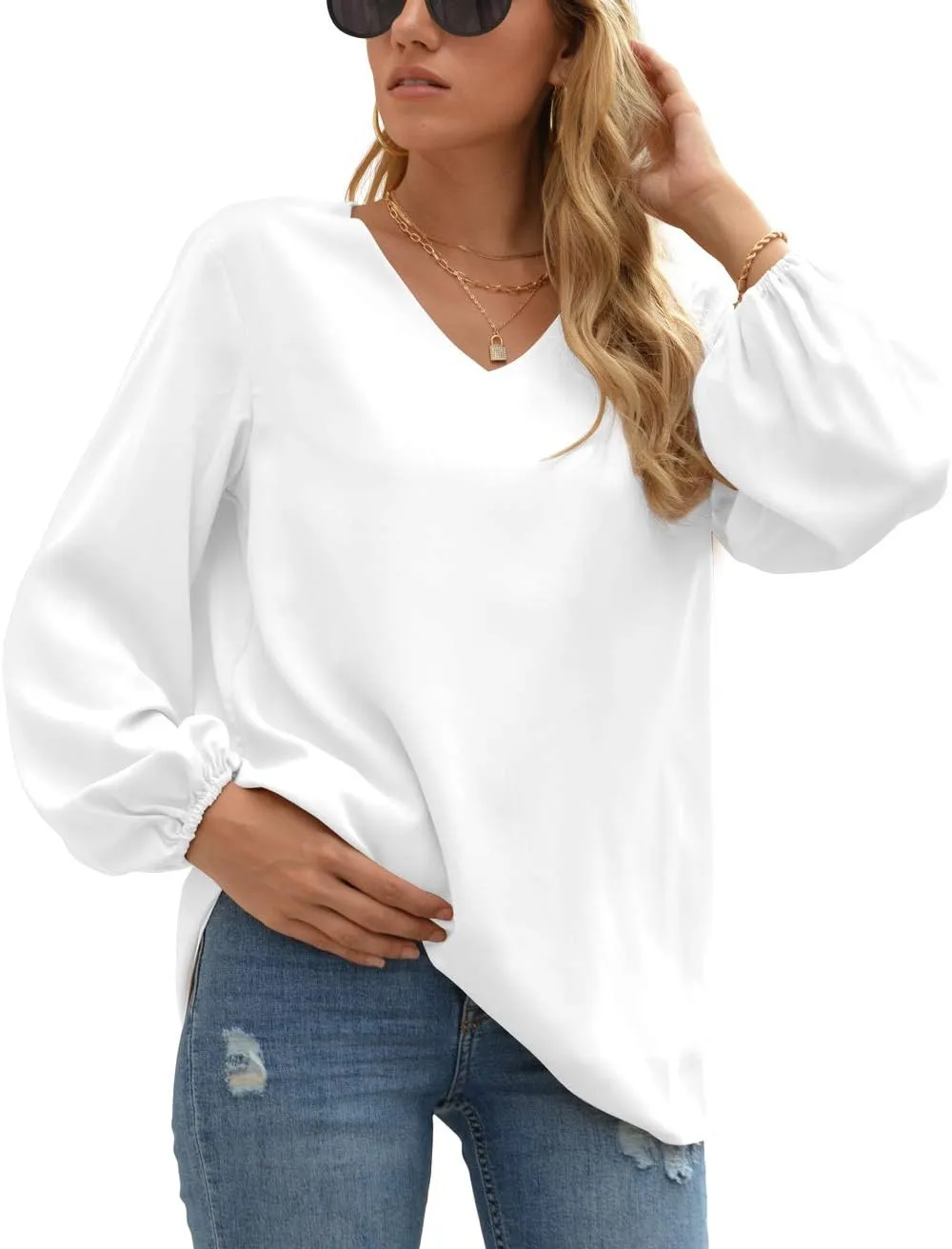 WANGZHI Women's Casual Sweet & Cute Loose Shirt Balloon Sleeve V-Neck Blouse Top