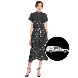 White Hearse on Black - Waist A-line Flared Midi Dress