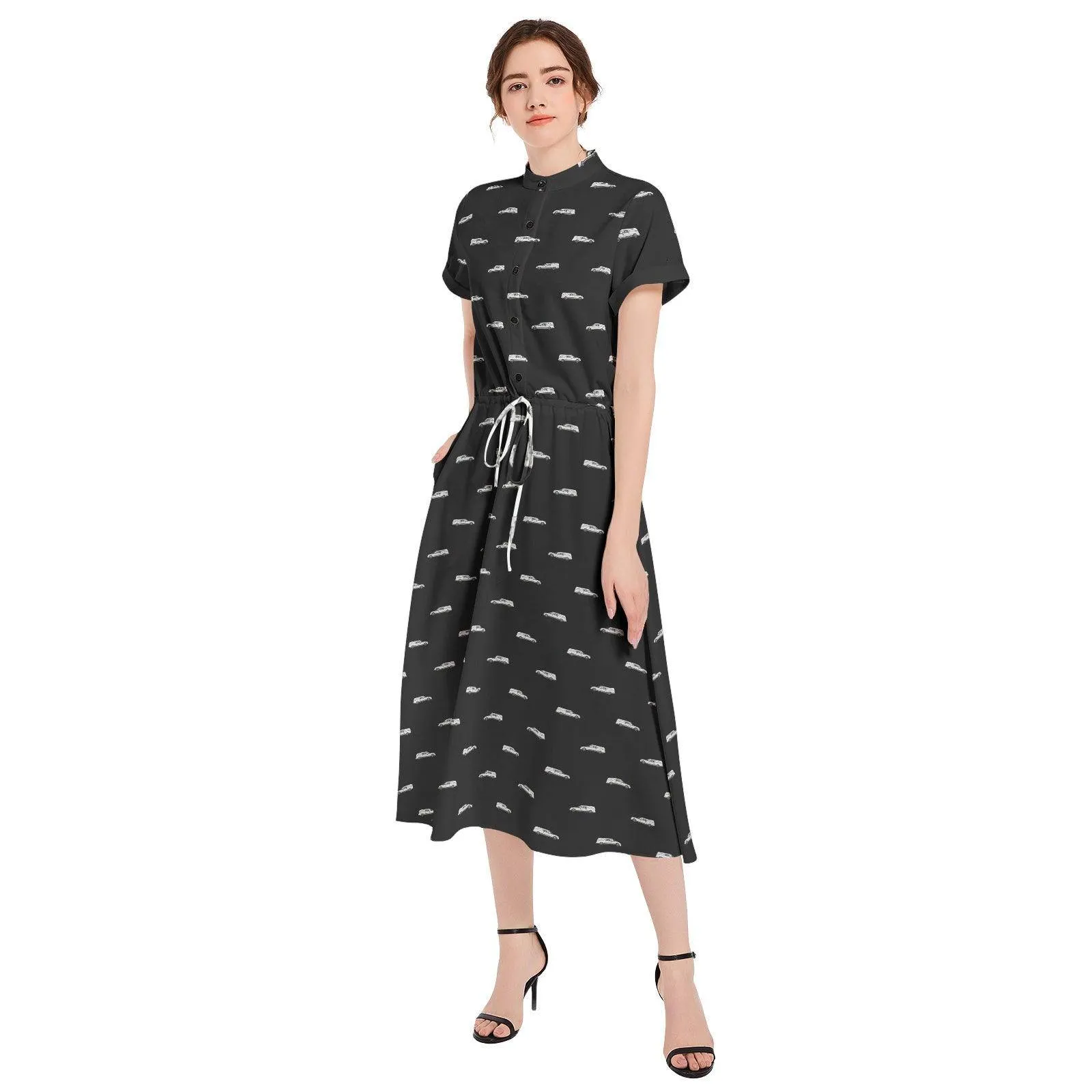 White Hearse on Black - Waist A-line Flared Midi Dress