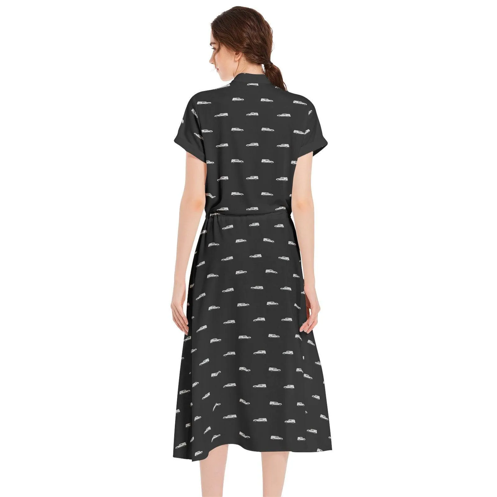 White Hearse on Black - Waist A-line Flared Midi Dress