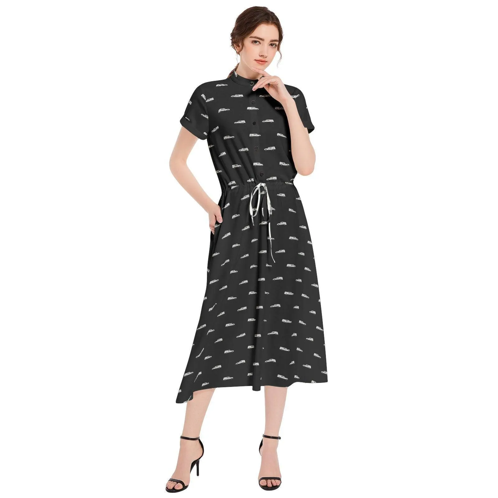 White Hearse on Black - Waist A-line Flared Midi Dress