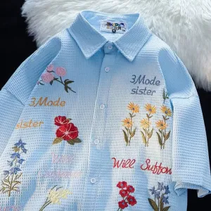 WIAOFELLAS  -  American Retro Waffle Colorful Floral Embroidered Shirt Men's Fashionable Short-sleeved Loose Lazy Style Casual Versatile Tops