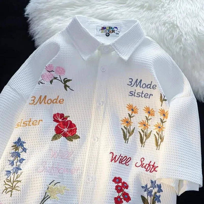 WIAOFELLAS  -  American Retro Waffle Colorful Floral Embroidered Shirt Men's Fashionable Short-sleeved Loose Lazy Style Casual Versatile Tops