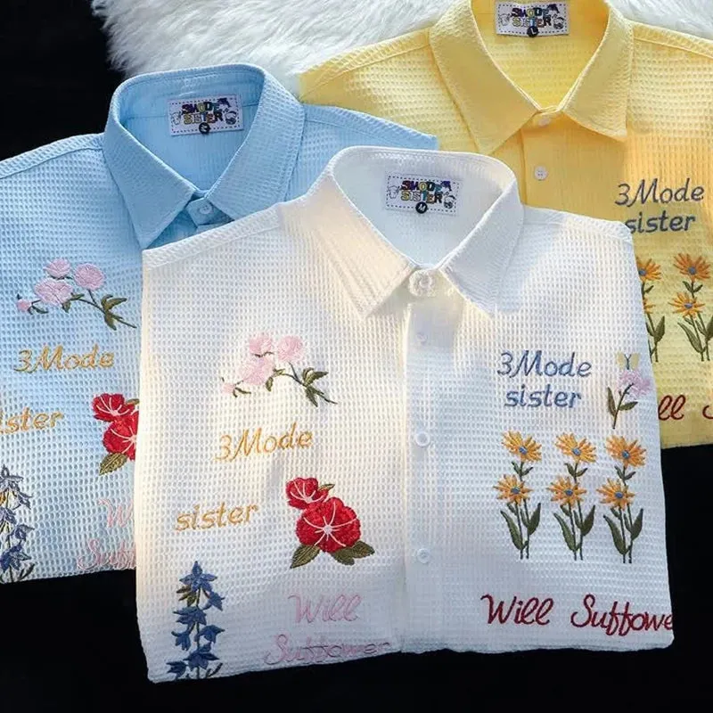 WIAOFELLAS  -  American Retro Waffle Colorful Floral Embroidered Shirt Men's Fashionable Short-sleeved Loose Lazy Style Casual Versatile Tops