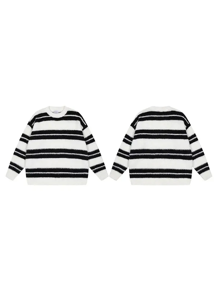Wiaofellas  -  Contrast Striped Sweater For Male Casual Loose O Neck Long Sleeve Cashmere Pullover Jumpers Autumn Thicken Warm Knitted Blouse