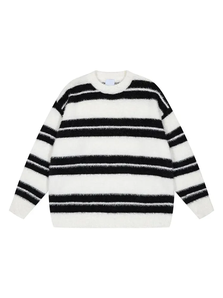 Wiaofellas  -  Contrast Striped Sweater For Male Casual Loose O Neck Long Sleeve Cashmere Pullover Jumpers Autumn Thicken Warm Knitted Blouse