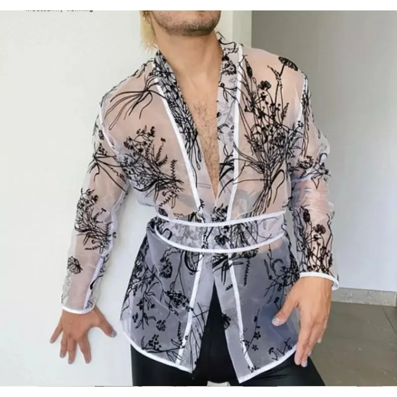 WIAOFELLAS  -  Mens Lace Mesh Shirts Role Play Cos Men's Lingerie Homewear