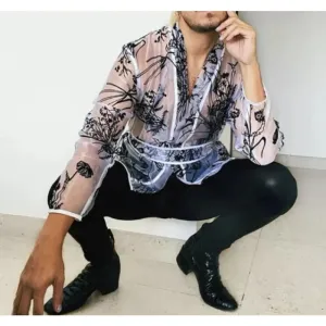 WIAOFELLAS  -  Mens Lace Mesh Shirts Role Play Cos Men's Lingerie Homewear