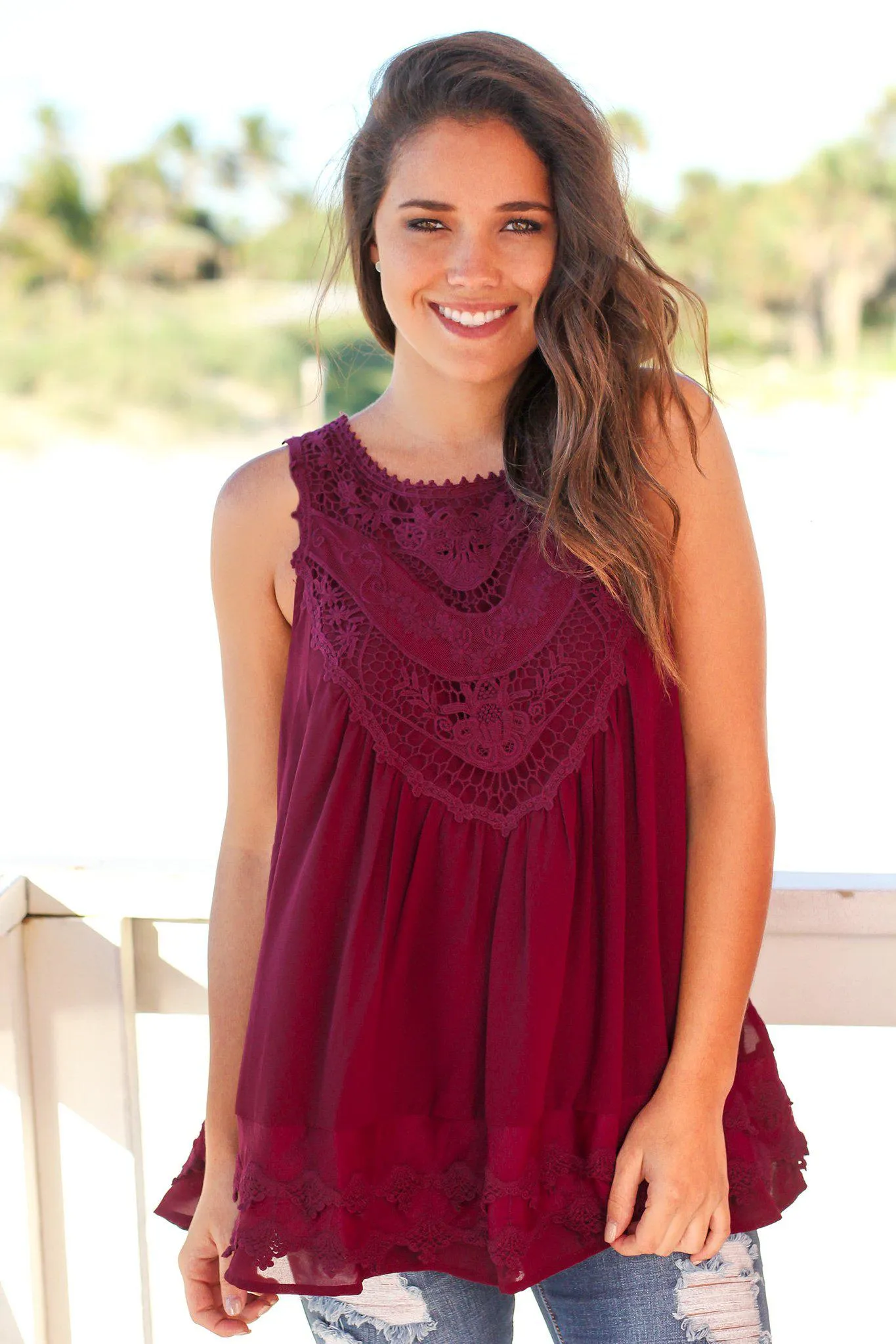 Wine Chiffon Crochet Top