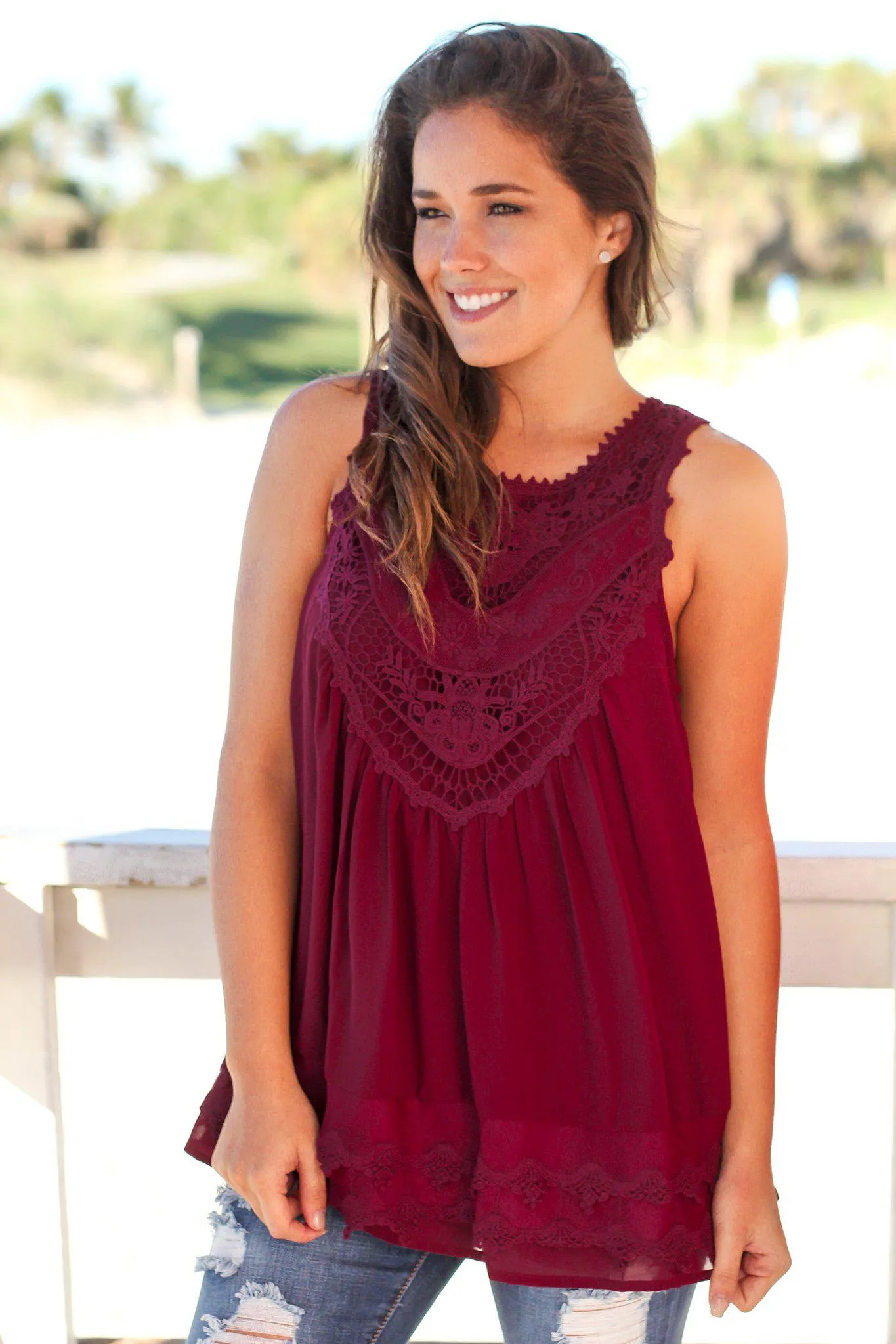 Wine Chiffon Crochet Top