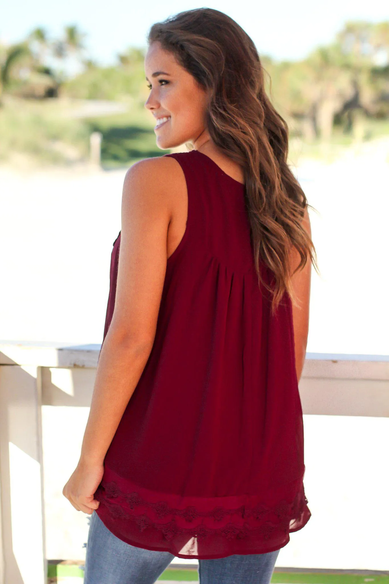 Wine Chiffon Crochet Top