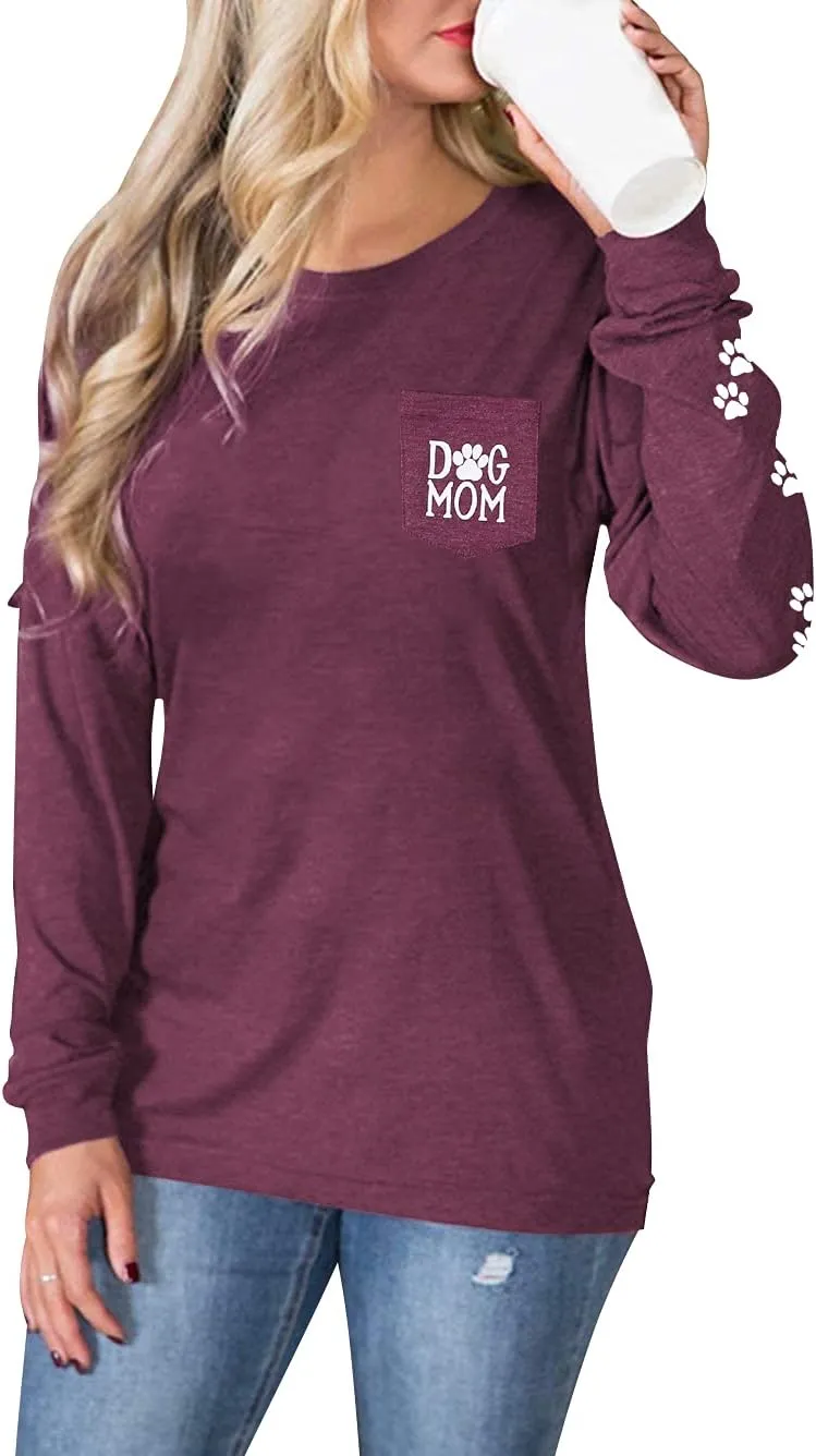 Women Dog Paw Shirt Mom Pullover Cute Lover Graphic Tee Patch Pocket Casual Long Sleeve Shirt
