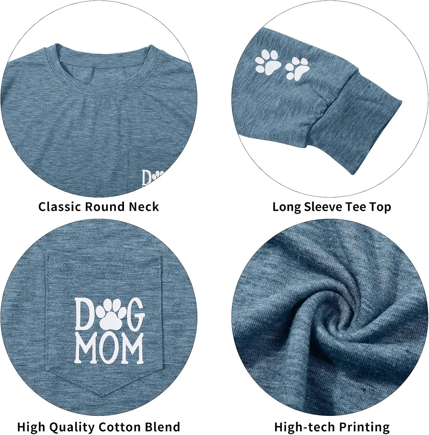 Women Dog Paw Shirt Mom Pullover Cute Lover Graphic Tee Patch Pocket Casual Long Sleeve Shirt