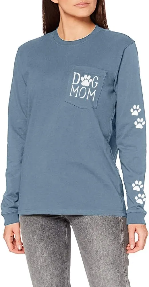 Women Dog Paw Shirt Mom Pullover Cute Lover Graphic Tee Patch Pocket Casual Long Sleeve Shirt