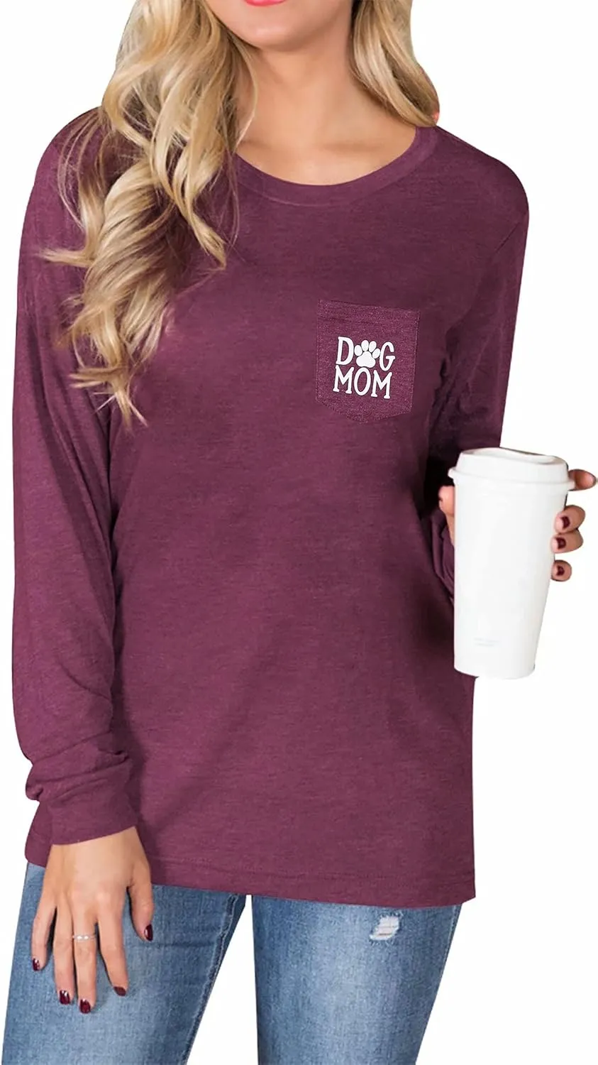 Women Dog Paw Shirt Mom Pullover Cute Lover Graphic Tee Patch Pocket Casual Long Sleeve Shirt