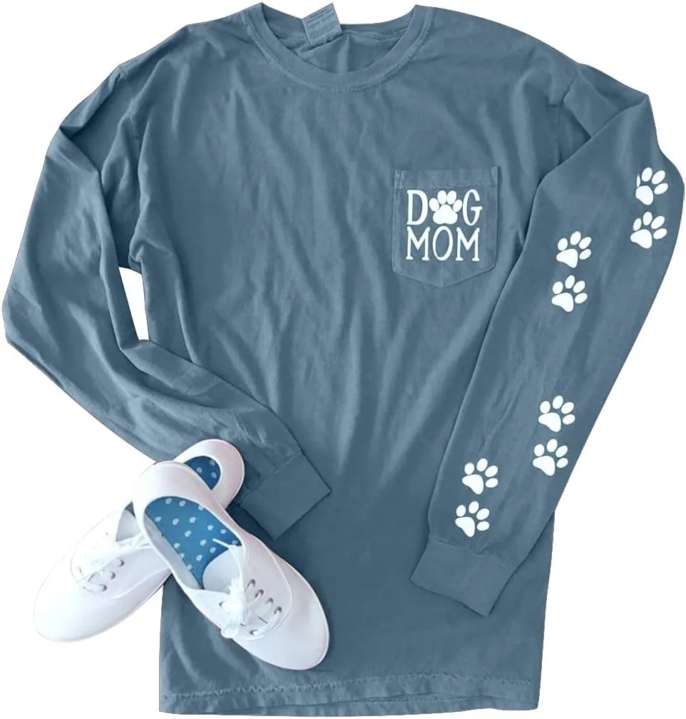 Women Dog Paw Shirt Mom Pullover Cute Lover Graphic Tee Patch Pocket Casual Long Sleeve Shirt