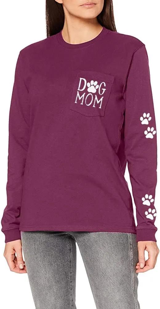 Women Dog Paw Shirt Mom Pullover Cute Lover Graphic Tee Patch Pocket Casual Long Sleeve Shirt