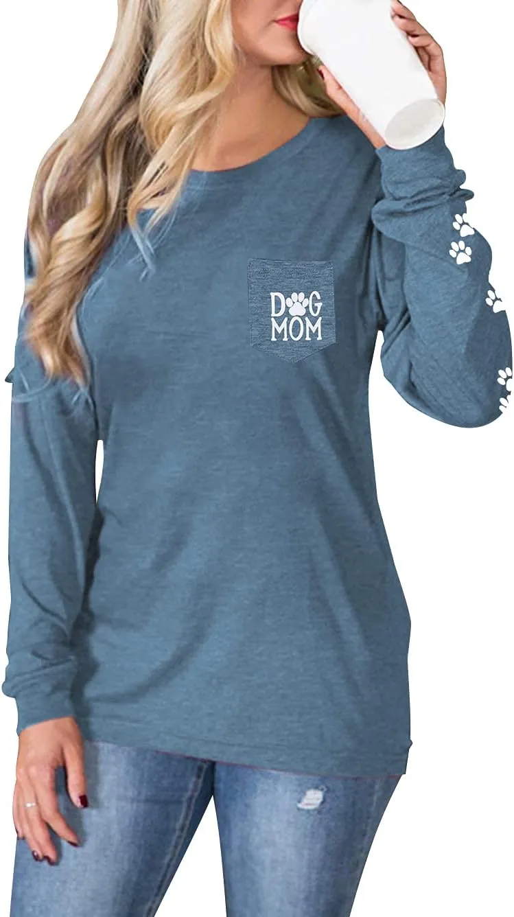 Women Dog Paw Shirt Mom Pullover Cute Lover Graphic Tee Patch Pocket Casual Long Sleeve Shirt