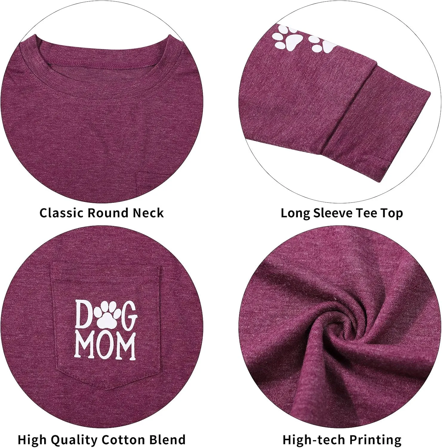 Women Dog Paw Shirt Mom Pullover Cute Lover Graphic Tee Patch Pocket Casual Long Sleeve Shirt