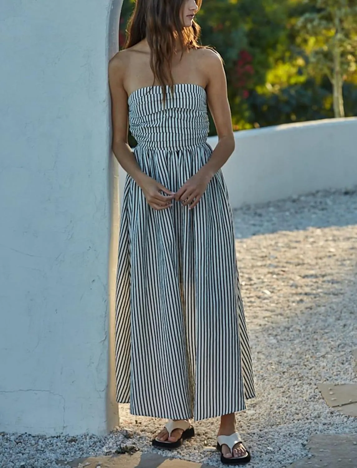 Women Striped Strapless Sleeveless Flowy Summer Casual Tube Maxi Long Dress with Pockets