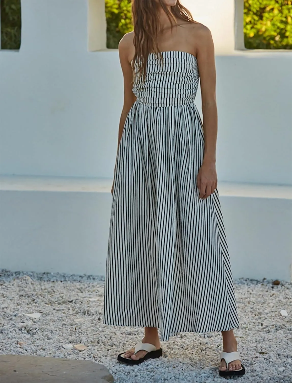 Women Striped Strapless Sleeveless Flowy Summer Casual Tube Maxi Long Dress with Pockets