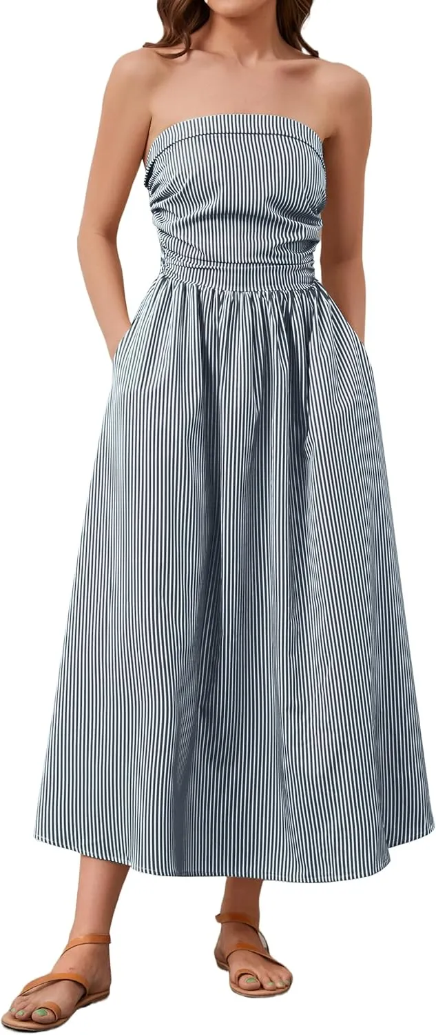 Women Striped Strapless Sleeveless Flowy Summer Casual Tube Maxi Long Dress with Pockets