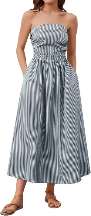Women Striped Strapless Sleeveless Flowy Summer Casual Tube Maxi Long Dress with Pockets