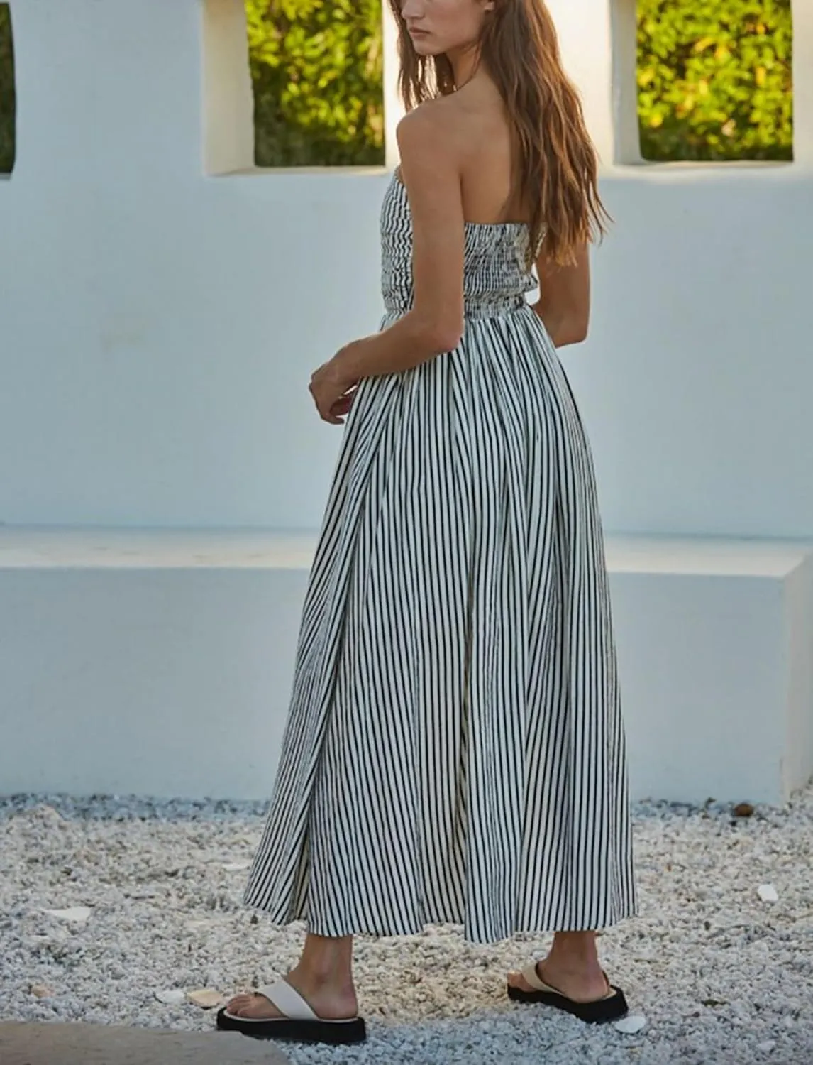 Women Striped Strapless Sleeveless Flowy Summer Casual Tube Maxi Long Dress with Pockets