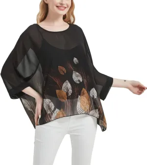 Women's Bohemian Style Summer Beach Lagenlook Top Kimono Loose Waterfall Chiffon Kaftan Poncho Shirt
