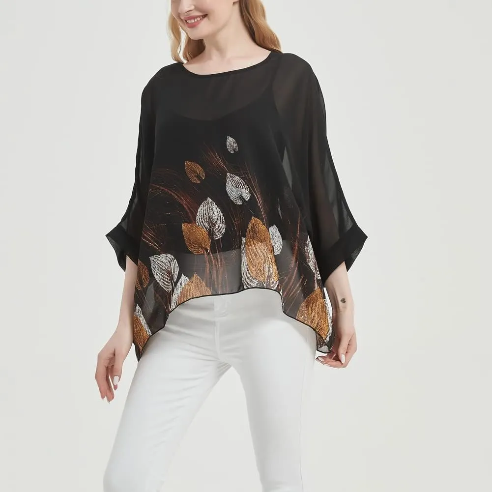 Women's Bohemian Style Summer Beach Lagenlook Top Kimono Loose Waterfall Chiffon Kaftan Poncho Shirt
