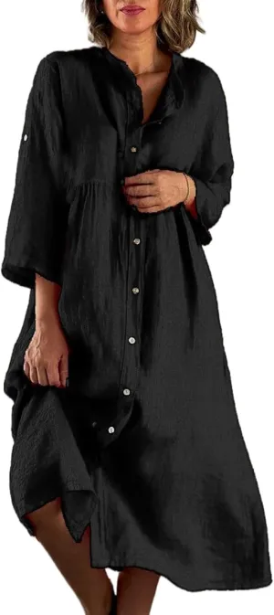 Women's Cotton Linen Button Down Shirt Dress 3/4 Sleeve Casual Loose Maxi Dresses with Pockets