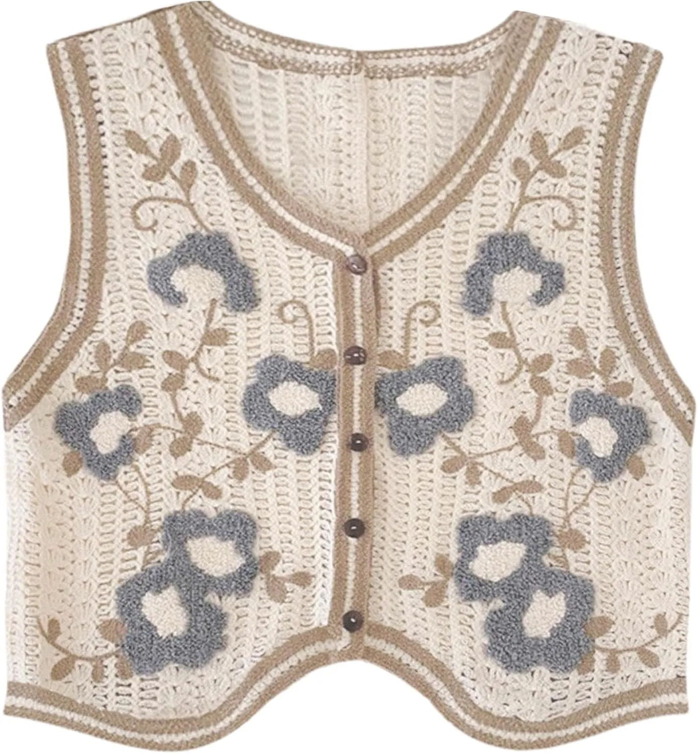 Womens Floral Print Sweater Vest Sleeveless V Neck Vintage Button Front Cardigan Crochet Crop Knit Vest Top