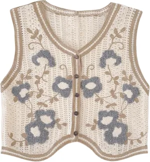 Womens Floral Print Sweater Vest Sleeveless V Neck Vintage Button Front Cardigan Crochet Crop Knit Vest Top