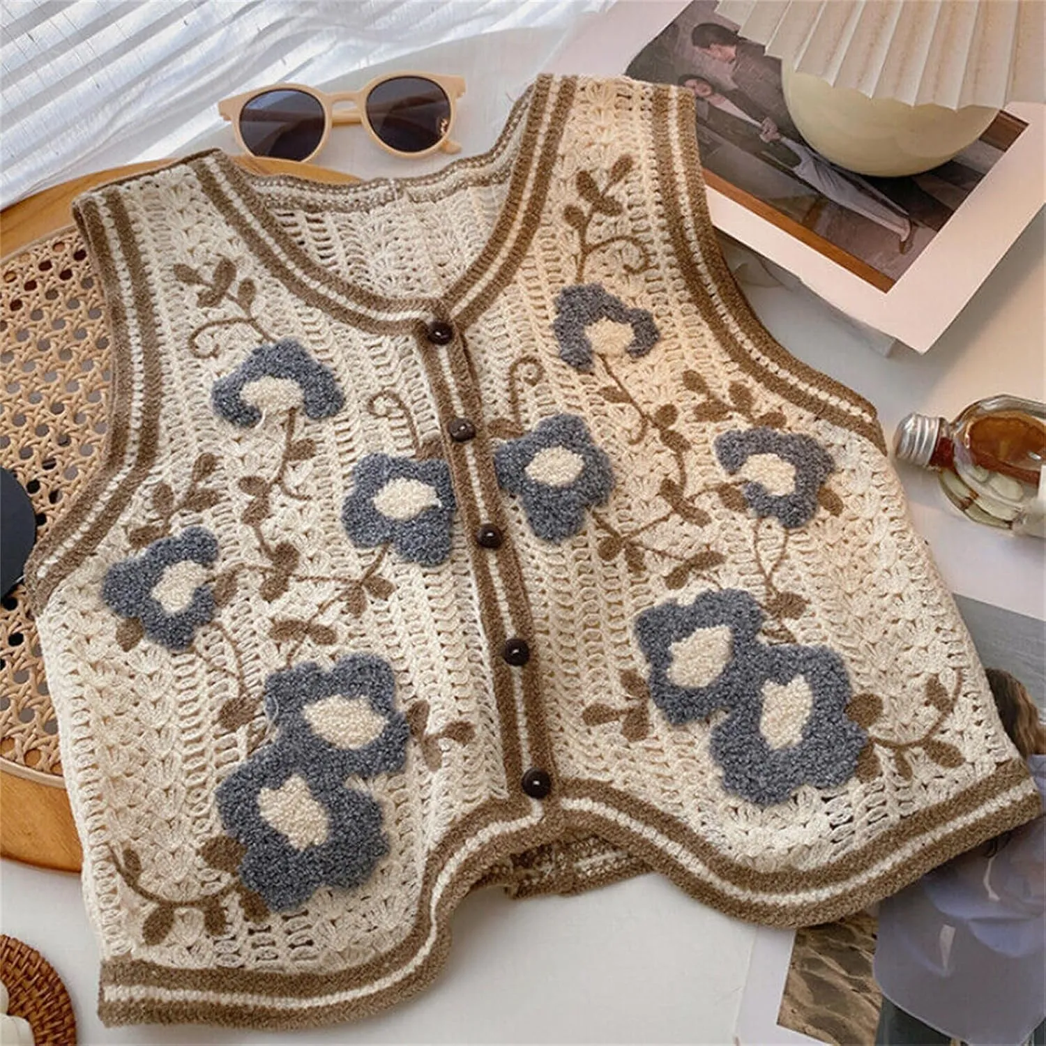 Womens Floral Print Sweater Vest Sleeveless V Neck Vintage Button Front Cardigan Crochet Crop Knit Vest Top