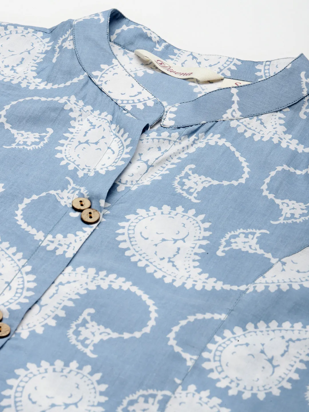 Women'S Skyblue Block Print Cotton A-Line Kurta With Pant Set