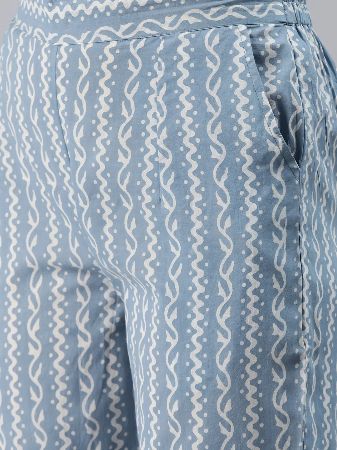 Women'S Skyblue Block Print Cotton A-Line Kurta With Pant Set