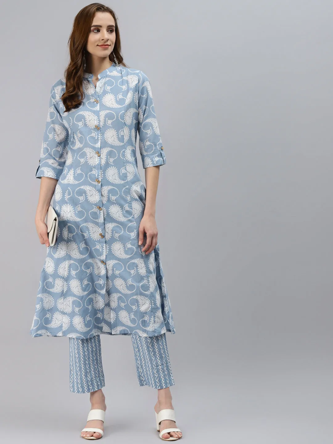 Women'S Skyblue Block Print Cotton A-Line Kurta With Pant Set