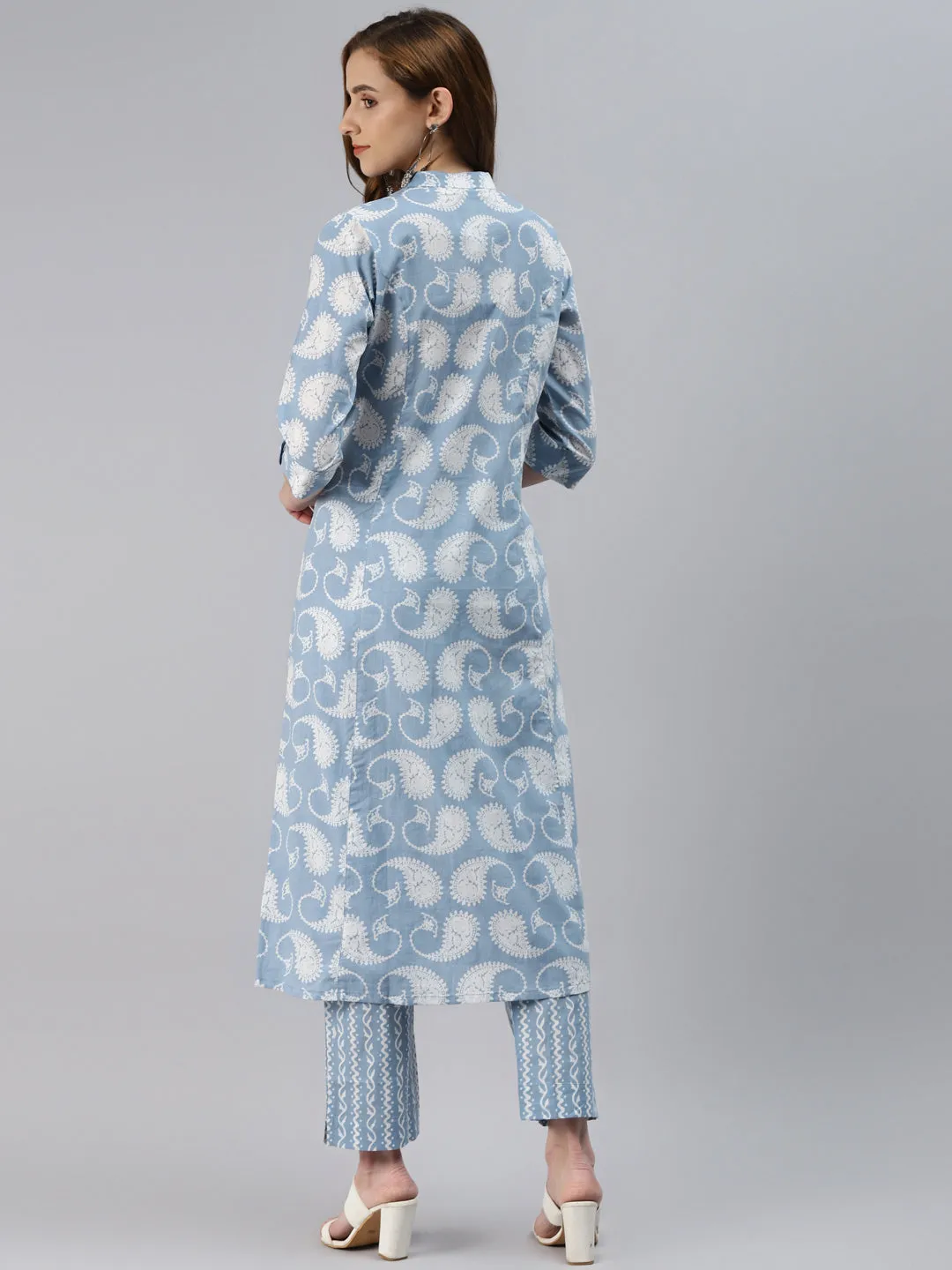 Women'S Skyblue Block Print Cotton A-Line Kurta With Pant Set